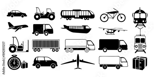 Comprehensive collection of diverse black silhouette icons depicting various modes of transportation, logistics, and travel vehicles for design projects