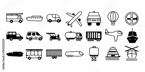 Collection of diverse transportation icons including vehicles, aircraft, and boats for travel and logistics
