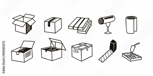 Diverse packaging solutions concept illustrated in a minimalist line art style, featuring various boxes and containers for industry and delivery needs, perfect for logistics and commerce projects