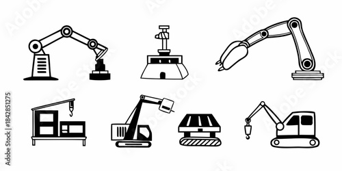 Industrial robotic arms and construction machinery icons set