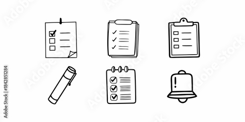 Hand-drawn doodle icon set for business productivity, task management, and organization, featuring essential elements like checklists, clipboards, planners, and notification bells