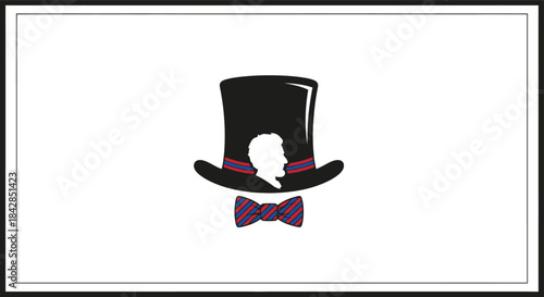 Elegant gentleman silhouette head profile inside top hat with purple bow tie minimalist design isolated on white background