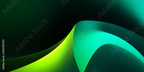Abstract foil background in shades of green. Dark green waves with a neon glow effect. Banner design.