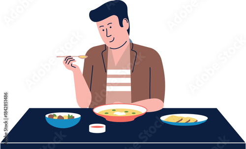 A man is eating at a table with a bowl of soup in front of him