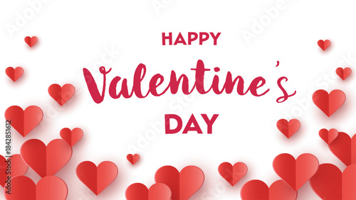 Valentine’s Day greeting card with floating paper cut hearts. Abstract background design. Vector illustration