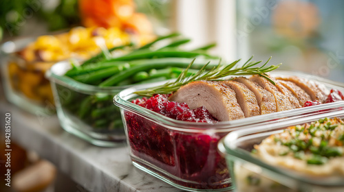 Sliced Turkey Cranberry Sauce and Sides in Glass Prep Containers