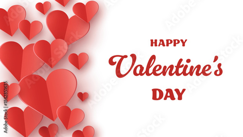 Valentine’s Day greeting card with floating paper cut hearts. Abstract background design. Vector illustration