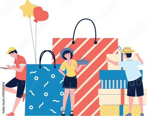 A group of people are standing around a pile of shopping bags and boxes