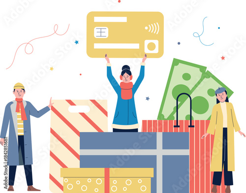 A group of people are holding a gift box and a credit card