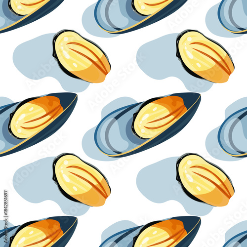 Seamless pattern with mussels in a shell, seafood theme, hand drawn, clean vector illustration, delicate lines, simple and modern design, isolated on white background, vector