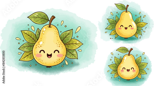 Adorable watercolor style cartoon pear characters set perfect for healthy food branding and cute design