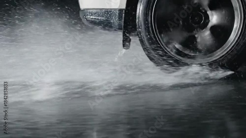 Wet Tire Driving Through Puddles, Capturing Dynamic Wet Road Movement, Stunning Visuals