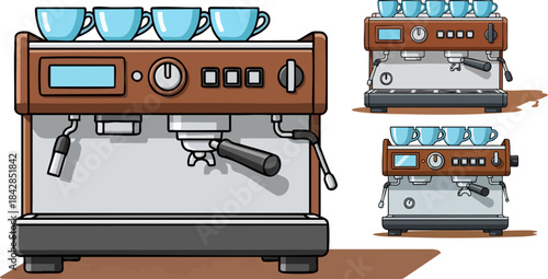 Detailed pixel art illustration of a professional espresso machine with light blue cups stacked on top