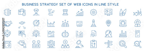 A modern set of business strategy line icons featuring planning, growth charts, leadership, analytics, teamwork, goal setting, and corporate management symbols. Ideal for presentations, UX dashboards.