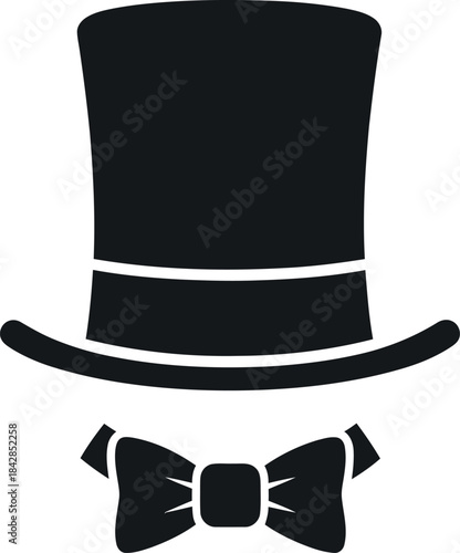 Classic top hat and bow tie gentleman symbol silhouette for elegant formal wear and vintage style events isolated on white background