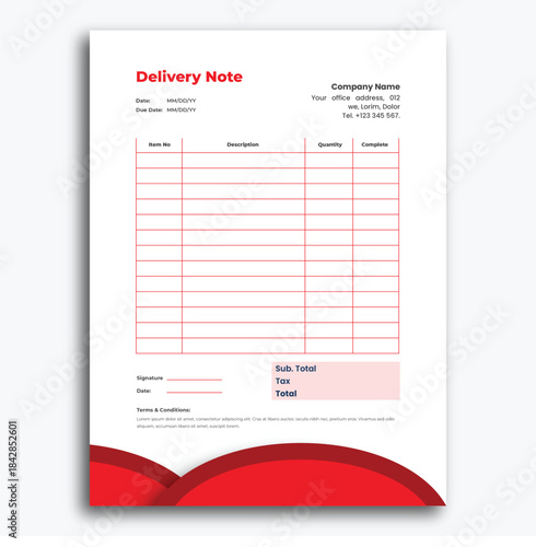 Professional Delivery Note Template with Red Accents