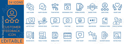 A professional set of customer feedback and review icons, including rating stars, chat responses, user scores, badges, and service evaluation symbols. Ideal for apps, e-commerce, UX dashboards.