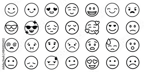 A collection of clean line-style emoji icons showing multiple emotions and expressions. Ideal for messaging apps, social media, UX design, kids projects, and infographics.