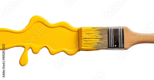 Paintbrush with yellow paint dripping isolated on a transparent background