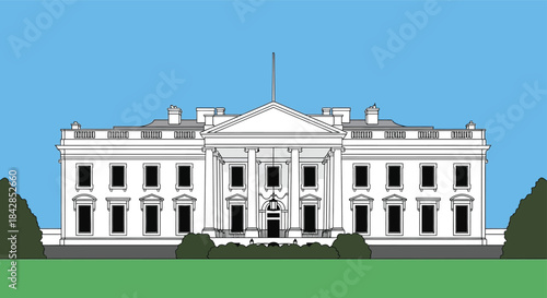 Iconic white house building facade with presidential seal and american flag against a clear blue sky isolated on white background