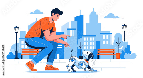 A man trains his robot dog in a city park, fostering a unique companionship and technological