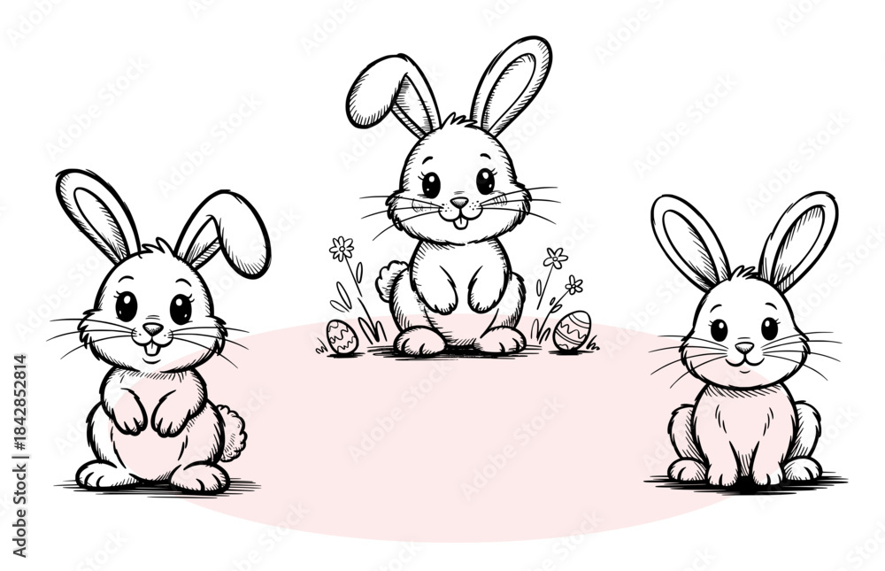 Fototapeta premium Three cute little Easter bunnies cartoon black and white drawing ready for coloring books and spring holidays