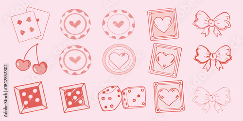 A collection of pink casino elements hearts dice and cherry illustrations