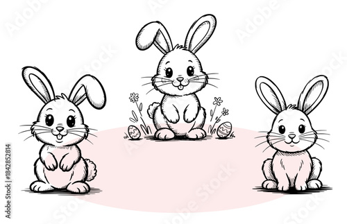 Three cute little Easter bunnies cartoon black and white drawing ready for coloring books and spring holidays