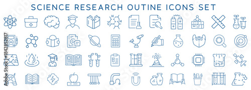 Modern outline icons for science research, laboratory tools, chemistry, biology, physics, and academic education. Perfect for infographics, e-learning, STEM apps, and presentations.