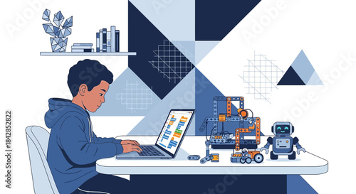 A young student engrossed in coding and robotics projects at home fostering digital skills and
