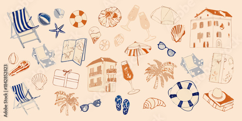 A colorful summer collection featuring beach items drinks and coastal buildings
