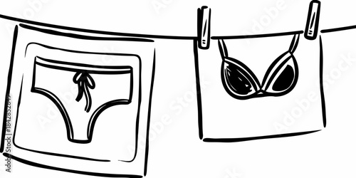 Black and white illustration of underwear and a bra hanging on a clothesline