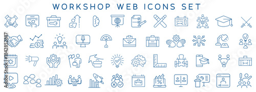 Clean line-style workshop icons for business training, coaching, education, teamwork, ideas, and web dashboards. Perfect for presentations, apps, and infographics.