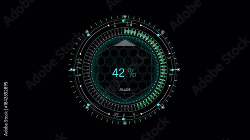 Futuristic Digital Loading Circle Animation with Percentage Display on Black Background.