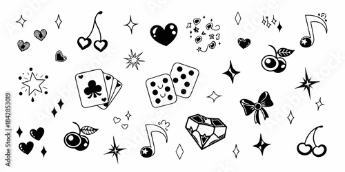 A playful collection of black and white doodles hearts cherries dice and more