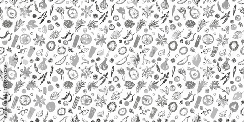 Intricate botanical sketch pattern with various plant and floral elements