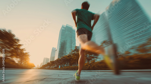 Urban runner sprinting past skyscrapers at sunset motion blur