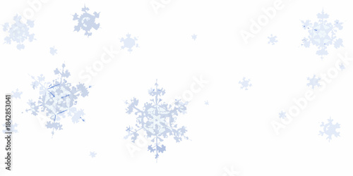 Delicate light blue snowflakes gently drift against a clean white background