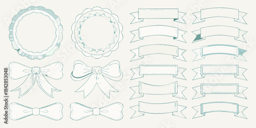 Collection of vintage style frames ribbons and bows in pastel blue