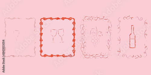 Stylized sketches of wine glasses and bottles on a pink background