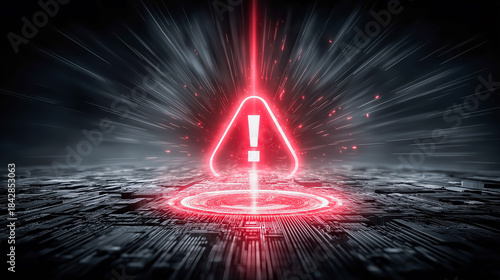 コンピューターウィルス検知：危険を知らせる赤いビックリマークと暗い背景