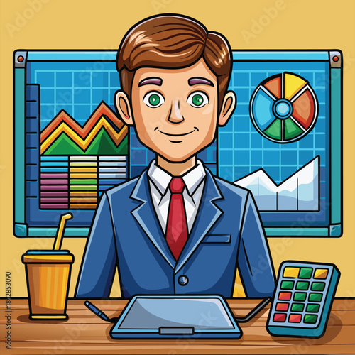 Young businessman sitting at a desk with graphs and charts