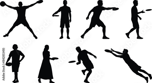 Frisbee action, disc throw, athlete silhouette, black vector, flying disc sport, catch motion, outdoor game, dynamic pose, illustrationFrisbee action, disc throw, athlete silhouette, black vector