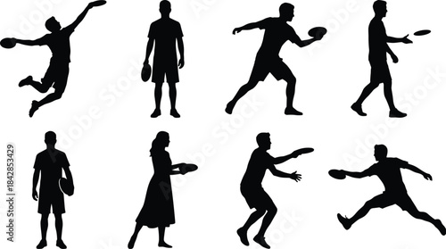 Frisbee silhouettes, flying disc, athlete motion, black vector, catch pose, throw action, outdoor sport, dynamic movement, game icon