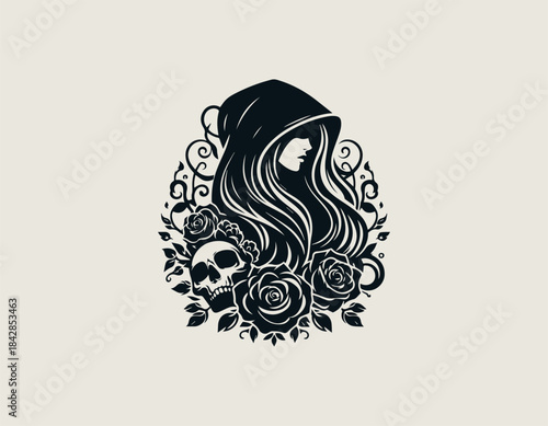 Melancholy hooded woman silhouette framed by macabre gothic skulls and beautiful blooming roses. Dark aesthetics concept
