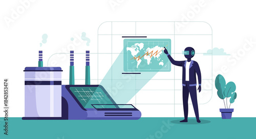 Advanced technology monitoring factory emissions impacting global trends analysis illustration