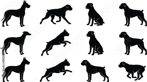 Dog silhouette, black vector, canine pose, pet icon, animal motion, sitting dog, walking dog, leaping dog, illustration, gridDog silhouette, black vector, canine pose, pet icon