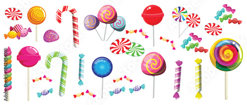 Sweet Candies Vector Set – Collection of Lollipops, Candy Canes, Gumballs and Colourful Sweets