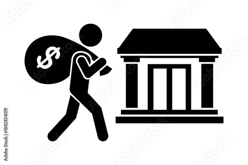 Stickman Carrying Money Bag to Building – Finance, Savings, Investment Icon.