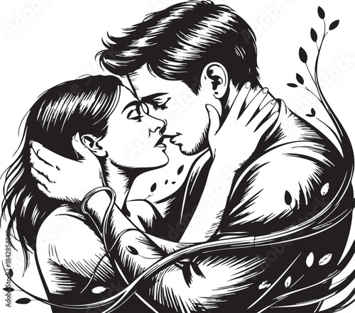 Intimate black and white engraving style illustration capturing a passionate embrace between a man and a woman surrounded by vines